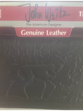 John Weitz Genuine Leather Embossed Black Wallet Moose theme Trifold